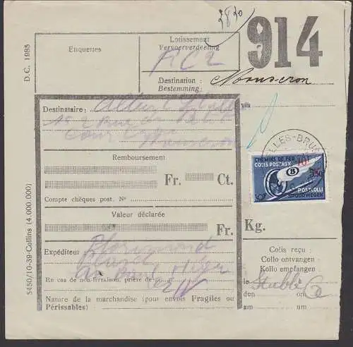 Spoorwegen geflügeltes Rad, Paketbegleitbrief Bruxelles Brüssel 17.10. 1947 (num. 914)