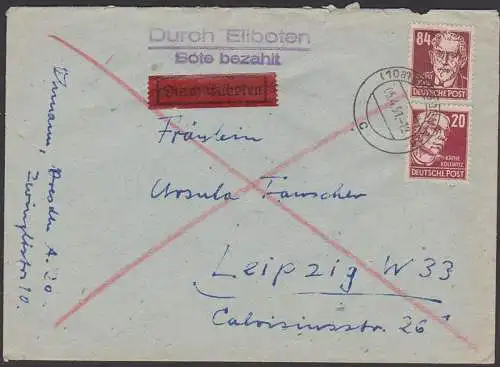 Dresden A26 Eilbote 84 und 20 Pf August Bebel,  Käthe Kollwitz Köpfe I n. Leipzig 5.4.51