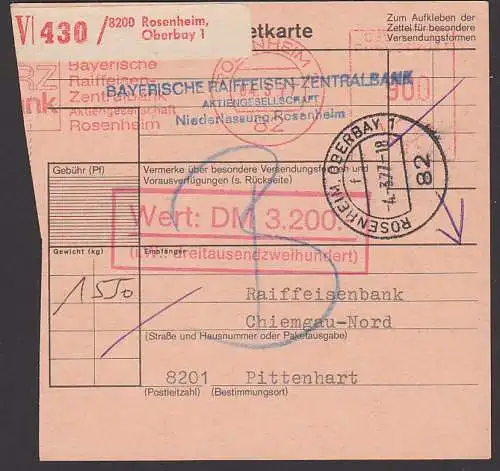 Rosenheim Obergbayern 4.3.77 Wert-Paketkarte mit AFS =900= und =310=  2 Abschläge, Reiffeisenbank