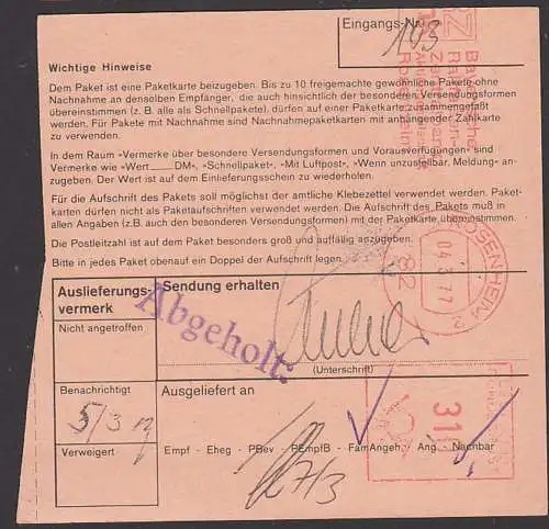 Rosenheim Obergbayern 4.3.77 Wert-Paketkarte mit AFS =900= und =310=  2 Abschläge, Reiffeisenbank