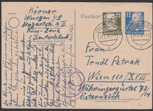 SBZ Auslandskarte nach Wien mit Zensurstempel 445, aus Wurzen, dabei 25 Pf. Köpfe Rudolf Virchow au GA-Karte
