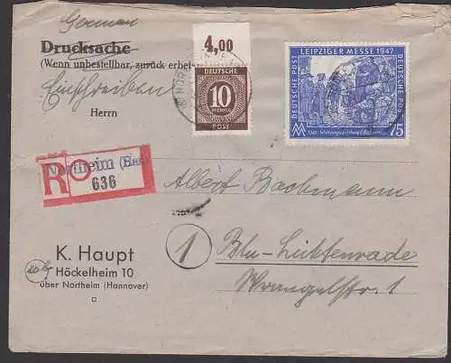 Northeim (Han) Abs. Höckelheim Hannover, R-Brief 1947, Aushilfs-R-Zettel, nach Berlin Lichtenrade, Messe