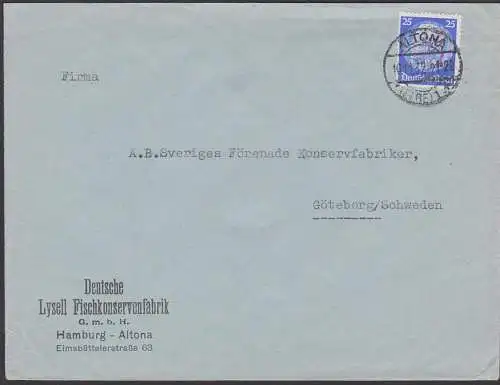 Altona (Elbe) 25 Pf Hindenburg Auslandsbrief nach Göteborg / Schweden Deutsches Reich 471, Lysell Fischkonserven