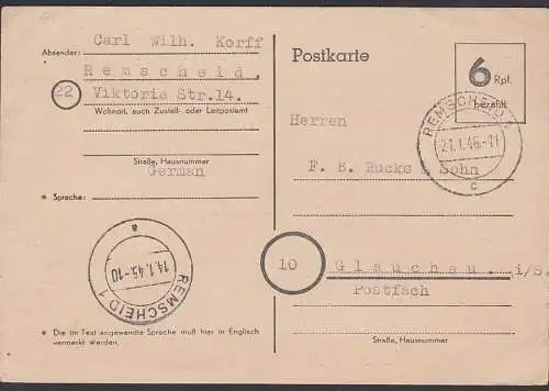 REMSCHEID 21.1.46, Behelfspostkarte P671 GA 6 Rpf. (Gebühr) bezahlt Karte mit viel Text gelaufen