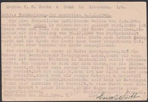 REMSCHEID 21.1.46, Behelfspostkarte P671 GA 6 Rpf. (Gebühr) bezahlt Karte mit viel Text gelaufen