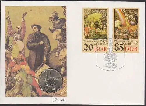 Numisbrief 1989 DDR 3271, 3273 FDC, Thomas Müntzer mit 5 M Gedenk-Münze