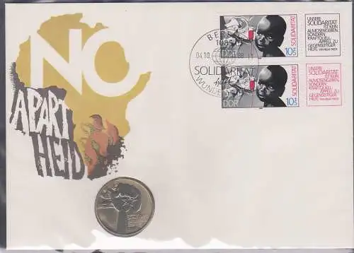 Numisbrief 1988 DDR 3202 a,b Internationale Solidarität FDC, "No Apartheid" mit 5 M Münze