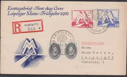 Leipzig Frühjahrsmesse 1951 MM FDC  DDR 282/83 Orts-R-Brief portogenau mit Zusatzfrank. Leonhard Euler