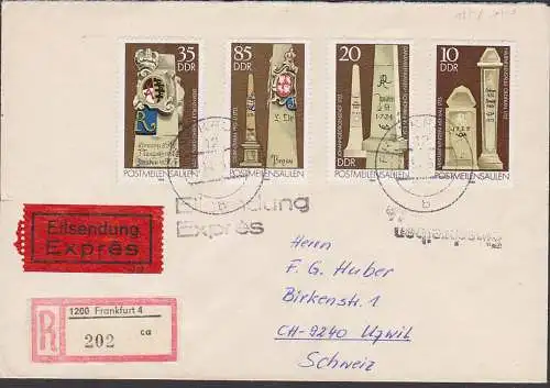 Postmeilensäulen Auslandsbrief  DDR 2854/56 Eil-R-Brief 1986 nach Uzwil Schweiz aus Frankfurt/Oder