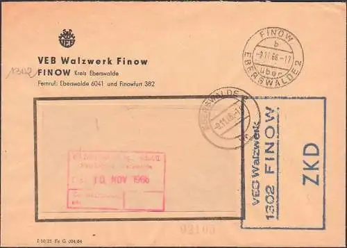 FINOW über Eberswalde 9.11.66 ZKD-Kastenstempel  Walzwerk, Zentraler Kurierdienst der DDR