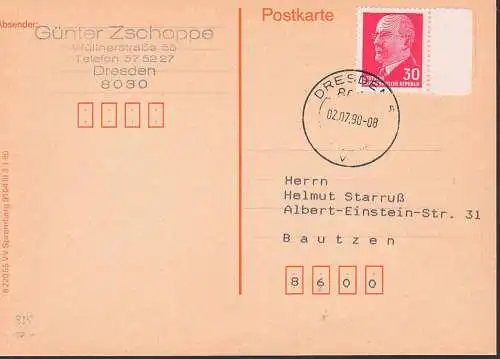 Walter Ulbricht 30 Pfg. Randstück auf Karte 2.7.90 DDR 935