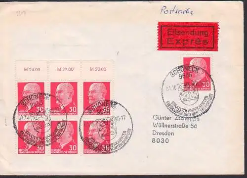 Walter Ulbricht 30 Pfg. Postsache, Eilbrief  SSt. Schöneck 1.10.90 mit Wz Y und Oberränder DDR 935Y(7)