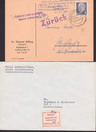 Radebeul Drucksache 5.11.63 mit "zurück" und Z2 in Radebeul nicht zu ermitteln / Ausruf erfolglos, Aufkleber Fehlbetrag