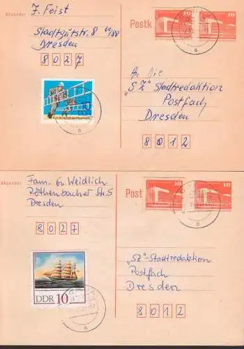 Berlin Palast der Republik 10 Pfg. Ganzsache auffrankiert auf 30 Pfg. mit GAA und Sondermarke, OSt. Dohna