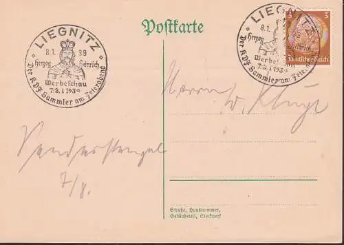 Germany Deutsches Reich Liegnitz Herzog Heinrich 8.1.39 3 Pfg Hindenburg, Werbeschau