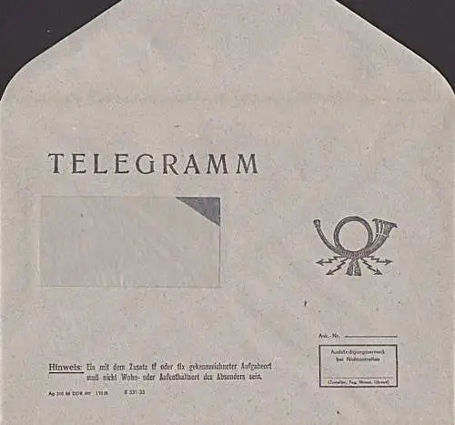 Telegramm Umschlag ungebraucht ohne Druckvermerk ca. 1984  bzw. mit Dv 1986, Posthorn, DDR, Germany