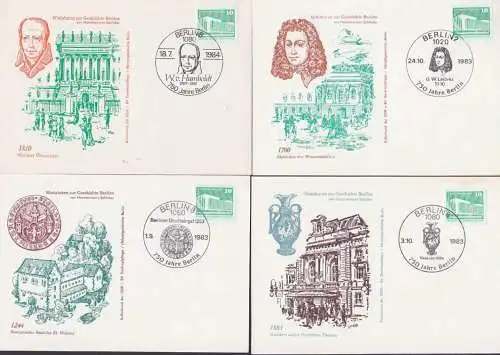 Miniaturen zur Geschichte Berlin  vier Schmuckkarten mit SSt. Leibnitz, Humboldt Stadtsiegel Deutsches Theater