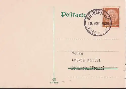 Alt-Harzdorf, Starý Harcov,  19. OKT 1938 Befreiungsstempel auf Karte mit 3 Pfg. Hindenburg, Sudetenland