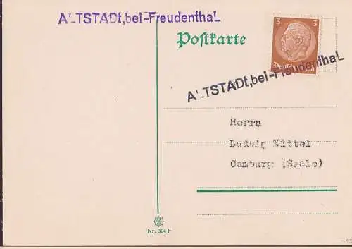 Altstadt bei Freudenthal  Befreiungsstempel auf Karte mit 3 Pfg. Hindenburg, Sudetenland