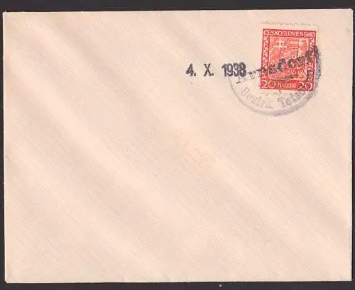 Arnoltice, Arnsdorf  bei Teschen 4. X. 1938 aptierter  Befreiungsstempel auf Brief mit 20 Heller, Sudetenland