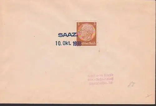 Žatec, Saaz 10. Okt.. 1938 aptierter Befreiungsstempel auf Brief mit 3 Pfg. Hindenburg, Sudetenland