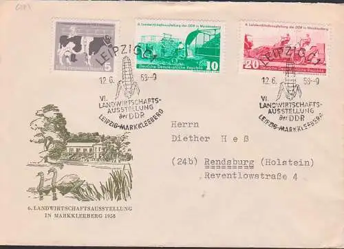 Leipzig-Markkleeberg Landwirtschaftsausstellung DDR 628/30, SSt. 12.6.58, Melkanlage, Mähdrescher