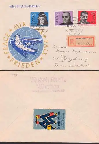 Vignette Leipziger Messe, Werdau R-Auslandsbrief DDR 1049/51 Weltfriedenstag, peace, pax, Frieden  5.9.64,