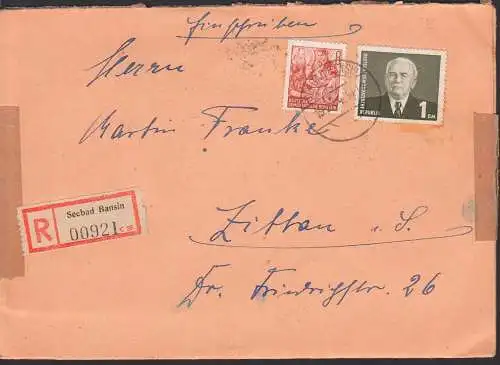 Seebad Bansin mit 1 DM Wilhelm Pieck, DDR 342, 8 Pfg. Fünfjahrplan R-Doppelbrief an Auktionshaus M. Franke in Zittau