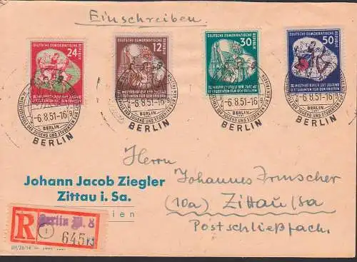 Weltfestspiele Berlin 1951 R-Brief mit SSt. 6.8.51, DDR 289/92