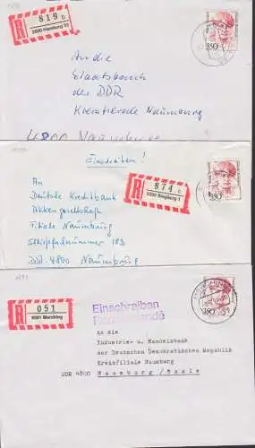 Hedwig Dransfeld drei R-Bfe BRD 1393 an Staatsbank in Naumburg, aus Siegburg, Merching, Hamburg