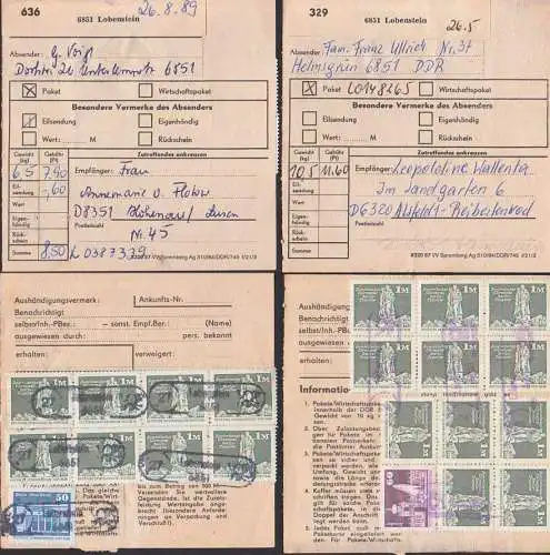 Lobenstein, zwei Auslands-Paketkarten mit PSSt.  2 Helmsgrün, 1,00 M Berlin Treptow sowj. Denkmal  in großer Einheit