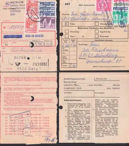 Dachziegel-Frankatur Gera auf Einzahlungsschein bzw. Paketkarte PSSt. 25 Weisbach Lobenstein, 33 Töppeln Gera