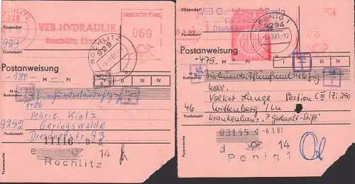 Rochlitz, Penig 2 Postanweisungen mit AFS VEB Hydraulik, ASUG  über 60 bzw. 80 Pfg.