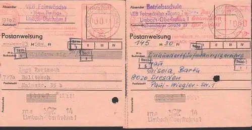 Limbach-Oberfrohna  2 Postanweisungen mit AFS VEB Feinwäsche Bruno Freitag über 30 bzw. 60 Pfg.