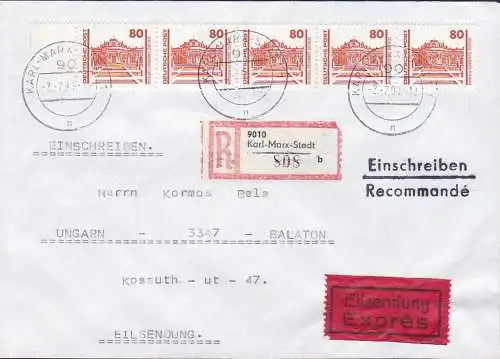 Potsdam Schloss Sanssouci 80 Pf. DM-Währung auf Auslands-R-Eil-Bf DDR 3349(5), 2.7.90, rs Eing.-St. 7.7. Balaton