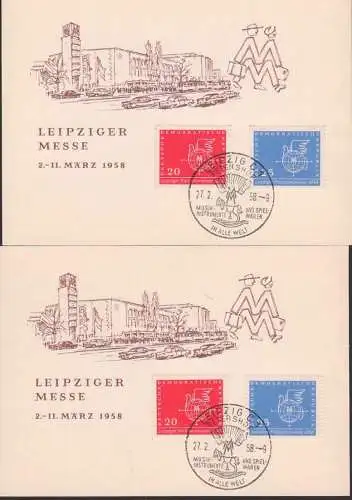 Leipzig Messe 1958 zwei Sonderkarten mit Dv, SoSt. 27.2.58 Petershof, Abb. Schaukelpferd, Schifferklavier, Akordeon