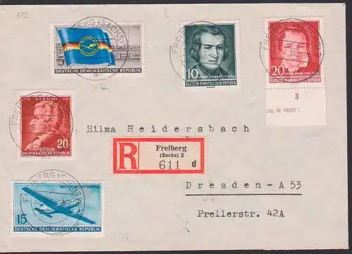 Freiberg 5 Pfg. Lufthansa mit Heinrich Heine auf R-Brief portogenau, DDR 512