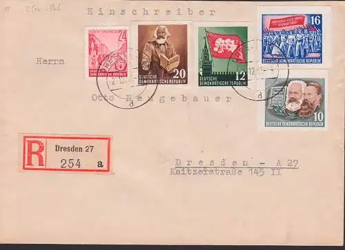 Dresden 27 R-Bf mit 24 und 60 Pfg. aus Karl-Marx-Block  2.12.53, rs. Eing.-St.