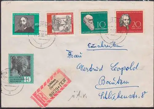 Lübben R-Bf portogenau mit kpl. Ausgaben, Comenius, Charles Darwin, DDR 631/32