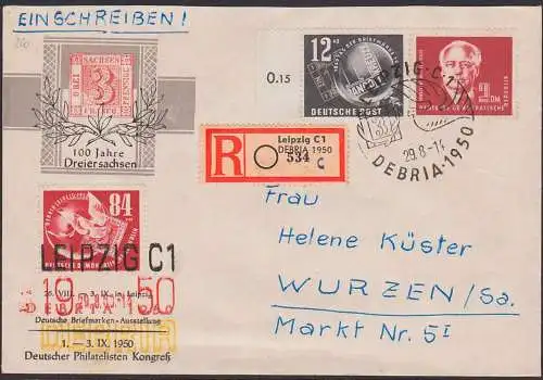 Leipzig R-Bf Sonderumschlag 3-Farbenst. DEBRIA 2 DM Wilhelm Pieck 29.8.50