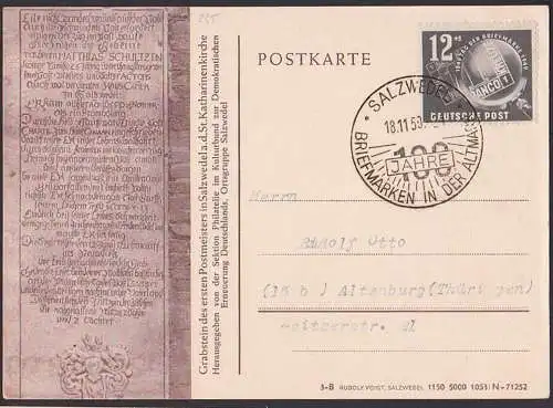 Salzwedel Postkarte Schmuckzudruck Grabstein des Postmeisters SSt 18.11.50 DDR 235