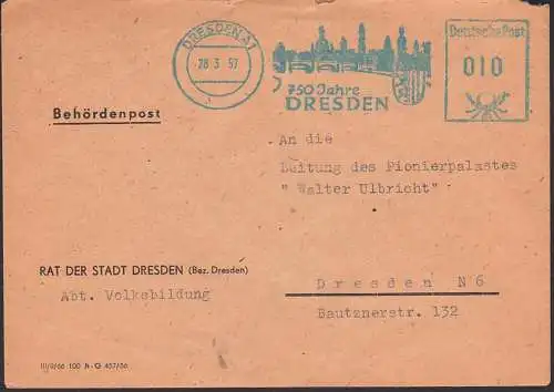 Dresden Orts-Bf mit AFS 750 Jahre Dresden, Umschlag mit "Behördenpost" 28.3.57, Elbe, Frauenkirche