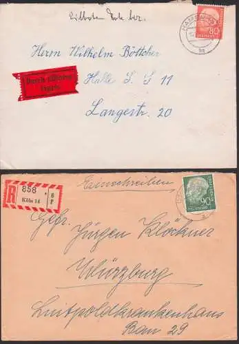 Hamburg, Köln zwei Briefe mit 80 bzw. 90 Pfg. (264, 193 Heuss Eil-, und R-Bf