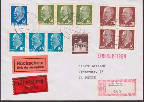 Rehna, R-Eil- Rückschein-Bf nach Zürich mit BRD und DDR-Marken Walter Ulbricht.