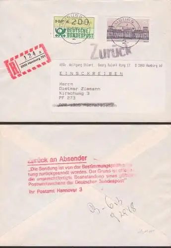 Postkrieg Hamburg R-Bf Reichstagsgebäude mit Z1 "zurück" und rs. roter Z6 über die Bestimmungen in der DDR