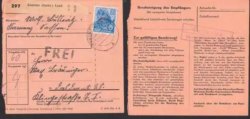 Bulleritz über Kamenz (Sachs) Land PSSt Paketkarte mit 60 Pfg. 5-Jahrplan (420) mit Z1 FREI, 17.2.55