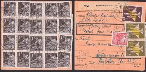 Olbernhau-Grünthal Wert-Paketkarte, frankiert ua. mit 1 Pfg. 5-Jahrplan(20) und Flugpostmarken