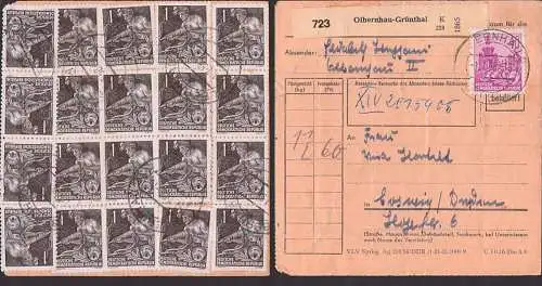 Olbernhau-Grünthal Paketkarte, frankiert ua. mit 1 Pfg. 5-Jahrplan(20) und 40 Pfg. Zwinger