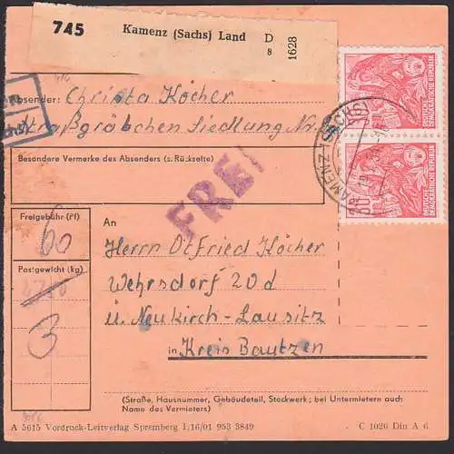 Kamenz (Sachs) Land Paketkarte mit 30 Pfg. 5-Jahrplan (416(2)), mit Z1 FREI, 19.7.54