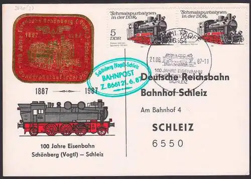 Mühltroff SSt. 21.6.87, Eisenbahn Sonderbeförderung Schönberg - Schleiz Lok 2630(2), Vignette Schmuckkarte